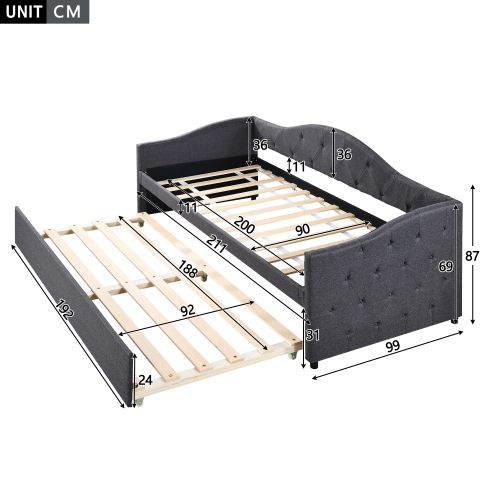 Lit Enfant 90x200 Cm, Avec Lit Gigogne 90x190 Cm, En Lin, Gris