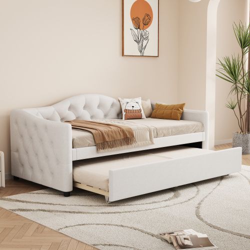 Lit Enfant 90x200 Cm, Avec Lit Gigogne 90x190 Cm, En Lin, Beige