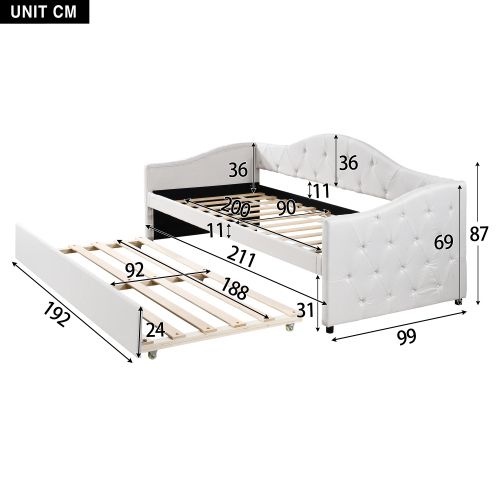 Lit Enfant 90x200 Cm, Avec Lit Gigogne 90x190 Cm, En Lin, Beige