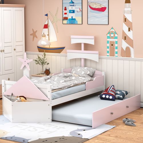 Lit Enfant 90x200 Cm, Avec Lit Gigogne Et Design Bateau, En Bois, Rose