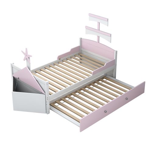 Lit Enfant 90x200 Cm, Avec Lit Gigogne Et Design Bateau, En Bois, Rose