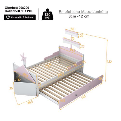 Lit Enfant 90x200 Cm, Avec Lit Gigogne Et Design Bateau, En Bois, Rose