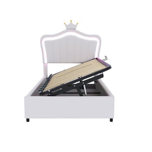 Lit Coffre Enfant 90x200 Cm, Tête De Lit Couronnée, En Simili Cuir, Blanc