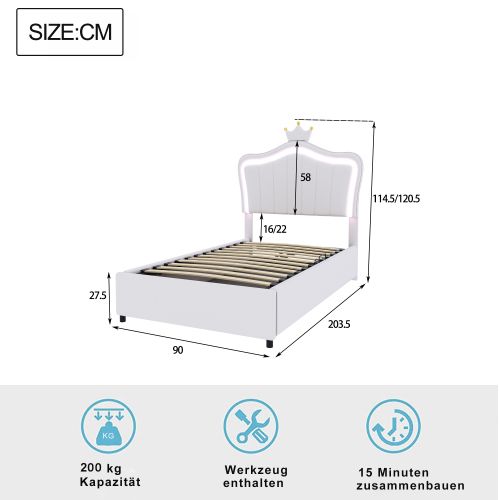 Lit Coffre Enfant 90x200 Cm, Tête De Lit Couronnée, En Simili Cuir, Blanc