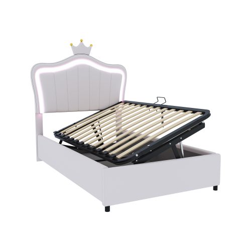 Lit Coffre Enfant 90x200 Cm, Tête De Lit Couronnée, En Simili Cuir, Blanc