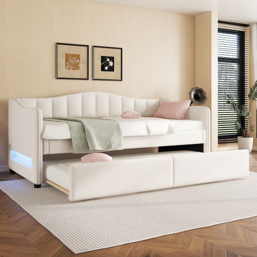 Lit Gigogne 90x200 Cm Avec Éclairage LED, En Lin, Beige