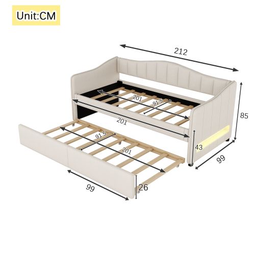 Lit Gigogne 90x200 Cm Avec Éclairage LED, En Lin, Beige