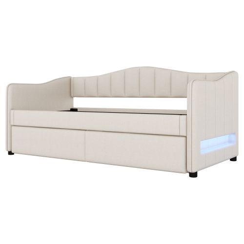 Lit Gigogne 90x200 Cm Avec Éclairage LED, En Lin, Beige