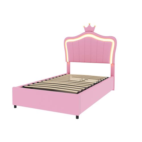 Lit Coffre Enfant 90x200 Cm, Tête De Lit Couronnée, En Simili Cuir, Rose