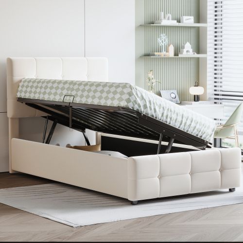 Lit Coffre Enfant 90x200 Cm Avec Tête De Lit Réglable Et Sommier à Lattes, En Velours Beige