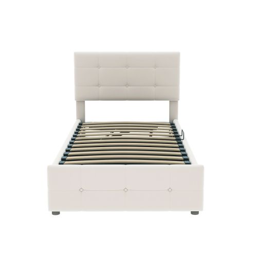 Lit Coffre Enfant 90x200 Cm Avec Tête De Lit Réglable Et Sommier à Lattes, En Velours Beige