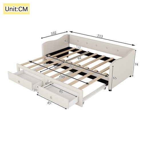 Lit Gigogne 90x200 Cm, Se Transforme En 180x200 Cm Avec 2 Tiroirs, En Lin, Beige