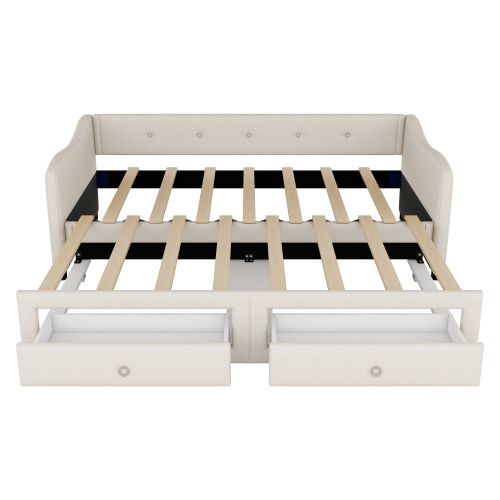 Lit Gigogne 90x200 Cm, Se Transforme En 180x200 Cm Avec 2 Tiroirs, En Lin, Beige