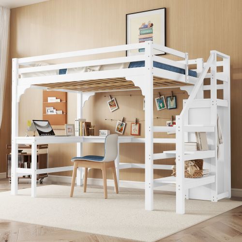 Lit Mezzanine 140x200 Cm Avec Bureau En L Et Armoire Ouverte, En Bois, Blanc