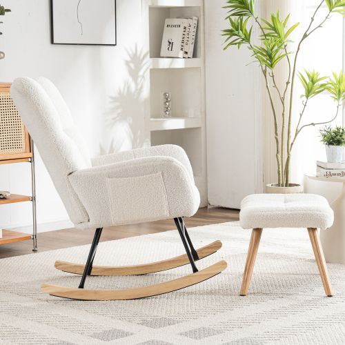 Fauteuil à Bascule Rembourré Avec Repose-pieds, Cadre En Bois D'hévéa, Blanc