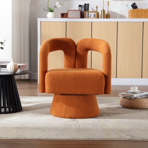 Fauteuil Pivotant 360°, Assise Rembourrée En Bouclé, Piètement Métal, Orange