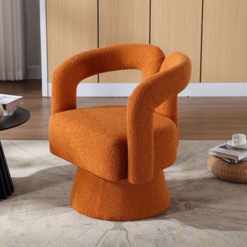 Fauteuil Pivotant 360°, Assise Rembourrée En Bouclé, Piètement Métal, Orange