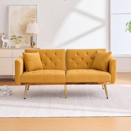 Canapé Convertible 2 Places En Velours Jaune Moutarde, Dossier Réglable, Pieds En Métal