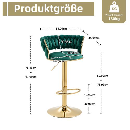 Lot De 2 Tabourets De Bar Pivotant 360°, Hauteur Réglable, En Velours Rembourré, Base Dorée, Vert