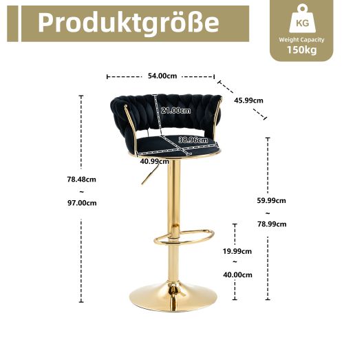 Lot De 2 Tabourets De Bar Pivotant 360°, Hauteur Réglable, En Velours Noir
