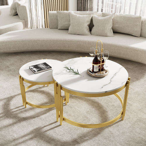 Lot De 2 Tables Basses Rondes Emboîtables Blanc Et Laiton Antique, Design Modulable