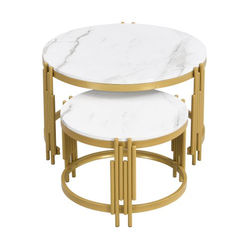 Lot De 2 Tables Basses Rondes Emboîtables Blanc Et Laiton Antique, Design Modulable