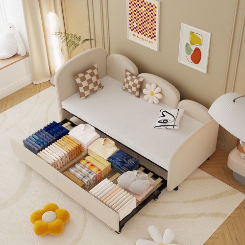 Lit Enfant 90x200 Cm, Avec Tiroir De Rangement, Forme Fleur, En Velours, Beige