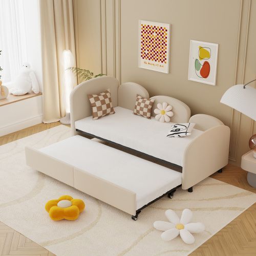 Lit Enfant 90x200 Cm, Avec Tiroir De Rangement, Forme Fleur, En Velours, Beige