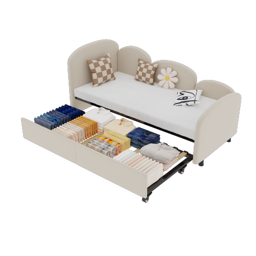 Lit Enfant 90x200 Cm, Avec Tiroir De Rangement, Forme Fleur, En Velours, Beige