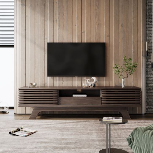 Meuble TV 150 Cm Avec 2 Portes, 1 Tiroir, Niche Ouverte, Couleur Bois