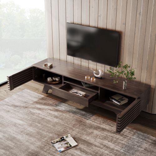 Meuble TV 150 Cm Avec 2 Portes, 1 Tiroir, Niche Ouverte, Couleur Bois