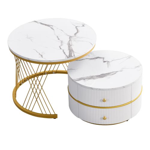 Lot De 2 Tables Basses Rondes Blanches 60x60x46 Et 50x50x30,8 Cm, 2 Tiroirs, Effet Marbre Brillant