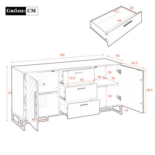 Buffet Noir, Buffet Motif Chevron, 2 Portes Et 3 Tiroirs