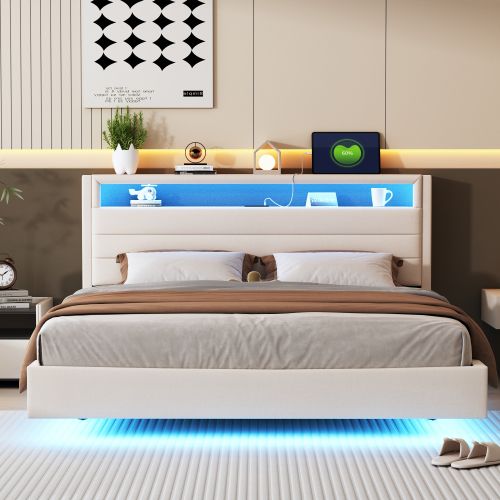 Lit Adulte 160x200 Cm, Tête De Lit De Rangement Et Ports USB, En Lin, Beige