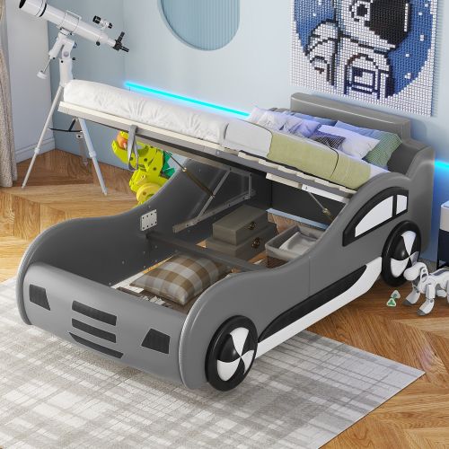 Lit Voiture Lit Enfant 90x200 Cm Avec Sommier à Lattes, En Pu Gris