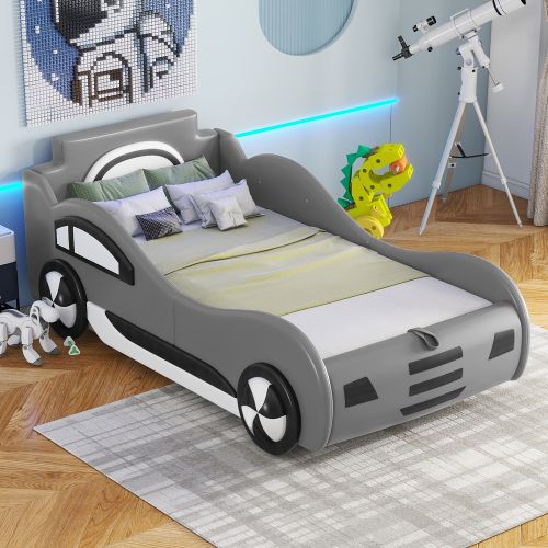 Lit Voiture Lit Enfant 90x200 Cm Avec Sommier à Lattes, En Pu Gris