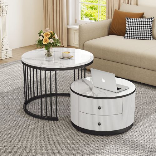Lot De 2 Tables Basses Rondes Blanc Et Noir, Plateau Effet Marbre Brillant, 2 Tiroirs