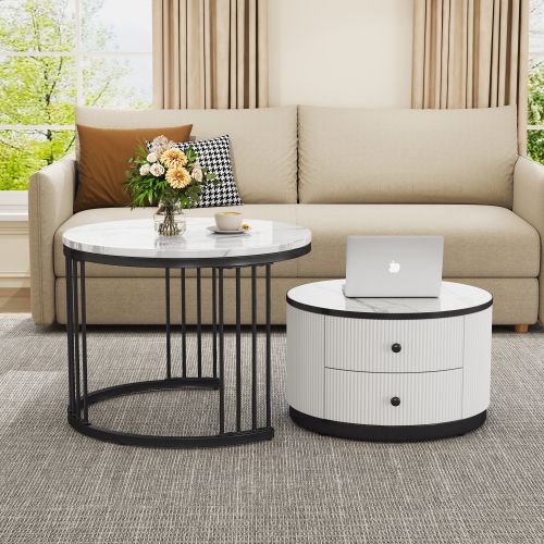 Lot De 2 Tables Basses Rondes Blanc Et Noir, Plateau Effet Marbre Brillant, 2 Tiroirs