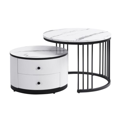 Lot De 2 Tables Basses Rondes Blanc Et Noir, Plateau Effet Marbre Brillant, 2 Tiroirs
