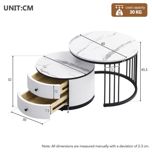 Lot De 2 Tables Basses Rondes Blanc Et Noir, Plateau Effet Marbre Brillant, 2 Tiroirs