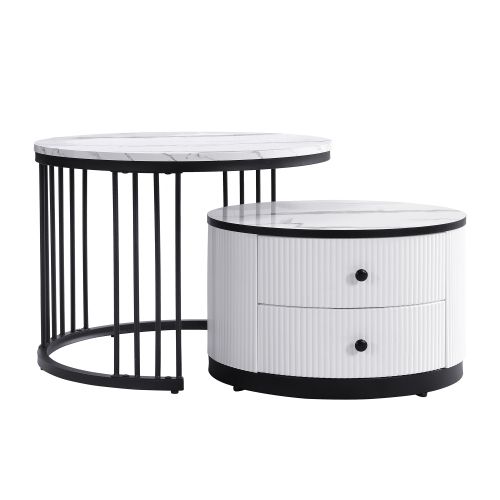 Lot De 2 Tables Basses Rondes Blanc Et Noir, Plateau Effet Marbre Brillant, 2 Tiroirs