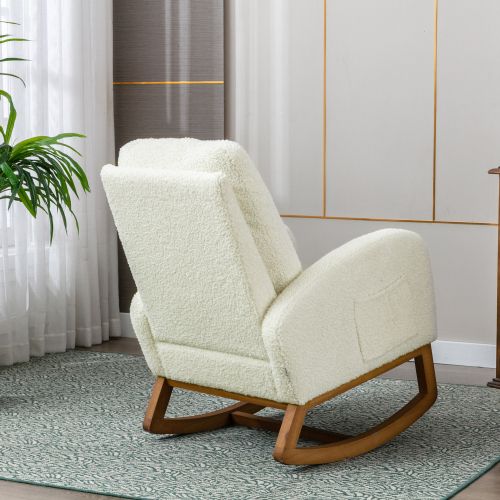 Fauteuil à Bascule, Dossier Haut Rembourré, Poches Latérales, Pieds En Bois, Teddy Blanc