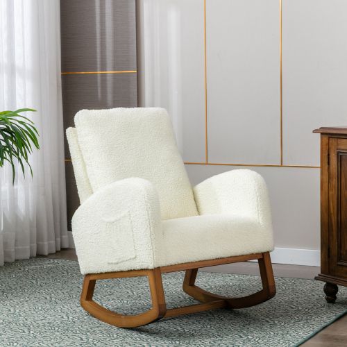 Fauteuil à Bascule, Dossier Haut Rembourré, Poches Latérales, Pieds En Bois, Teddy Blanc