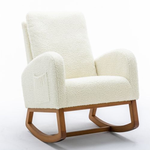 Fauteuil à Bascule, Dossier Haut Rembourré, Poches Latérales, Pieds En Bois, Teddy Blanc