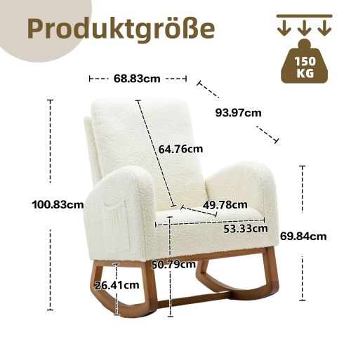 Fauteuil à Bascule, Dossier Haut Rembourré, Poches Latérales, Pieds En Bois, Teddy Blanc