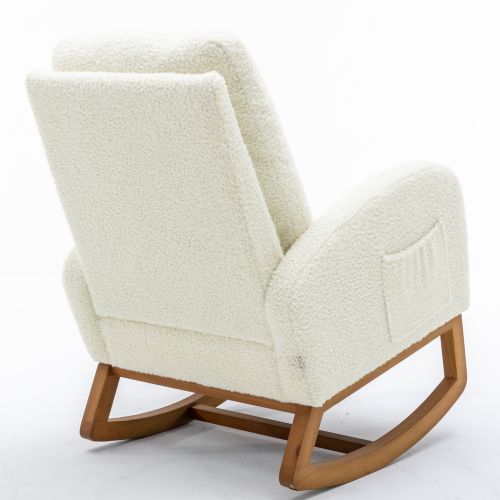 Fauteuil à Bascule, Dossier Haut Rembourré, Poches Latérales, Pieds En Bois, Teddy Blanc