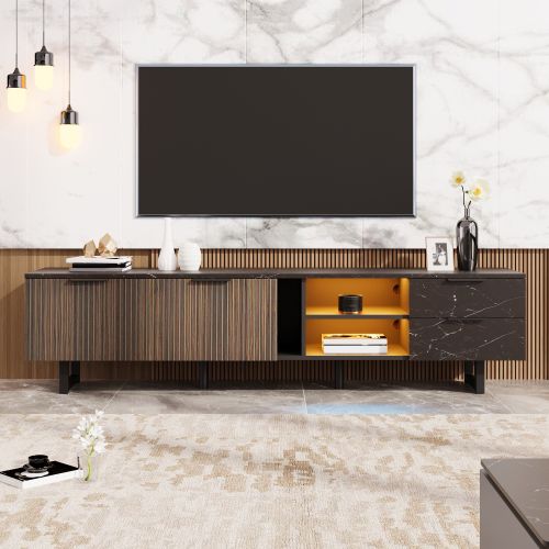 Meuble TV 200 Cm Avec 2 Portes, 2 Tiroirs, 2 Niches Ouvertes, Avec LED, Noir Et Couleur Bois