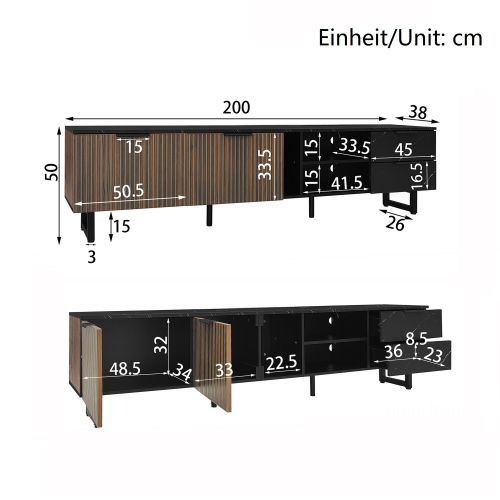 Meuble TV 200 Cm Avec 2 Portes, 2 Tiroirs, 2 Niches Ouvertes, Avec LED, Noir Et Couleur Bois
