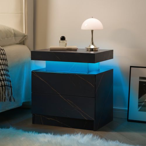 Table De Chevet LED, Table De Chevet Moderne Avec 2 Tiroirs, Noir Et Doré