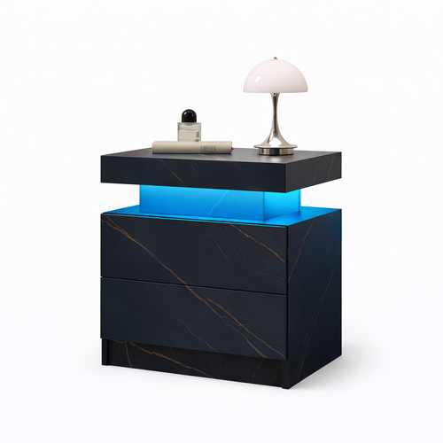 Table De Chevet LED, Table De Chevet Moderne Avec 2 Tiroirs, Noir Et Doré